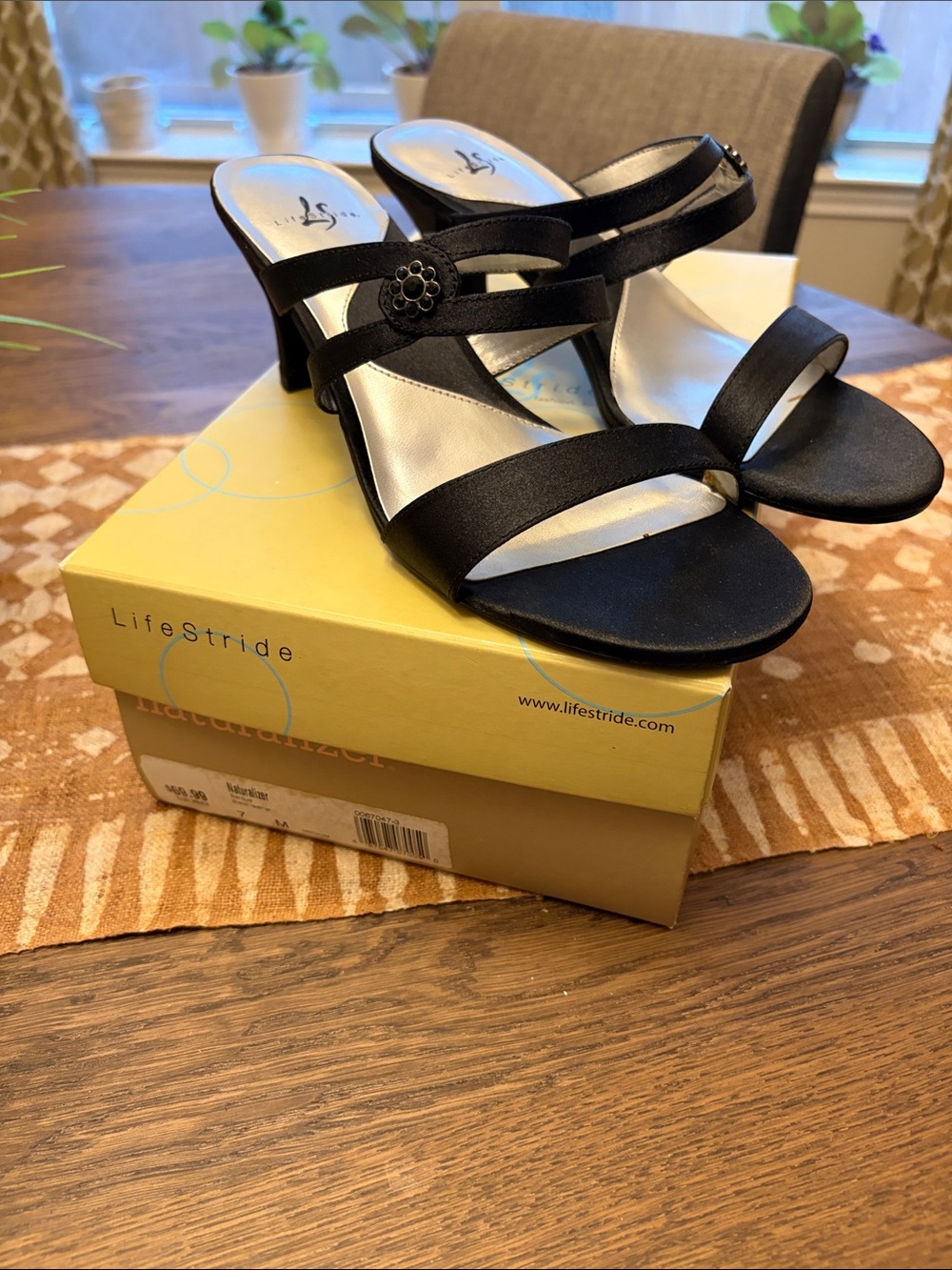 Life Stride Black Satin Strappy Mid-Heel Sandals